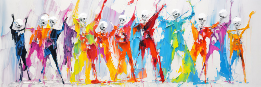 2308090 - Totentanz | Beeindruckendes digitales Gemälde von bunten tanzenden Skeletten.