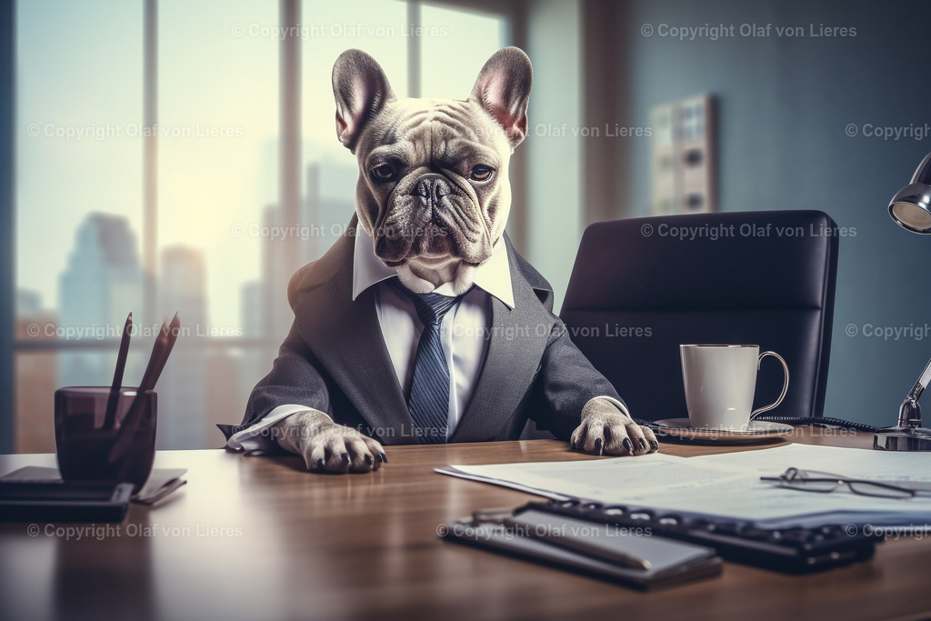 Mops im Anzug am Schreibtisch | Mops im Anzug