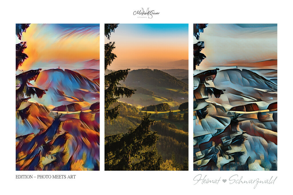 Edition “PHOTO MEETS ART” | Die Edition “PHOTO MEETS ART” ist eine außergewöhnliche Schwarzwald-Bildergalerie für alle Kunstliebhaber. Bei diesen Werken handelt es sich um exklusive Digitalkunst, bei denen mittels künstlicher Intelligenz neue Visualisierungen erschaffen wurden. Das Ergebnis ist eine 3er-Bild-Collage mit der realen Fotografie im Zentrum, flankiert von zwei unterschiedlichen Kunststilen. Natürlich ausschließlich mit Bildern aus dem Schwarzwald! - Realisiert mit Pictrs.com