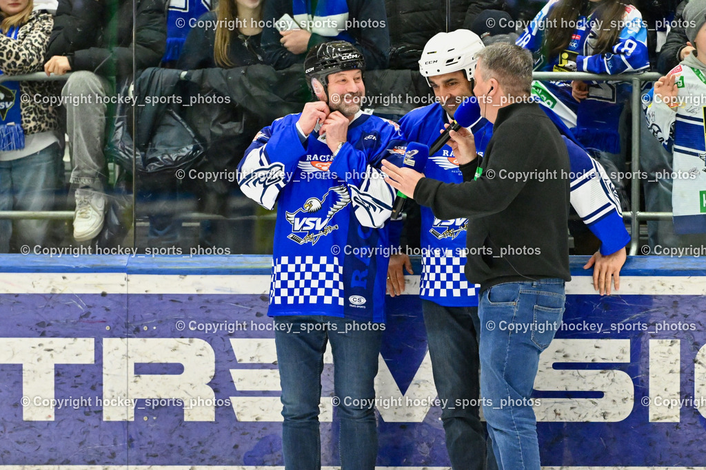 EC IDM Wärmepumpen VSV vs. Pioneers Vorarlberg | Pausenspiel Racers Villach, Herbert Hohenberger Sportdirektor EC VSV, Gerd Prohaska, EC VSV Hallensprecher Gerhard Oberrauner, EC IDM Wärmepumpen VSV vs. Pioneers Vorarlberg, EC IDM Wärmepumpen VSV vs. Pioneers Vorarlberg am 22.02.2026 in Villach (Stadthalle Villach), Austria, (Photo by Bernd Stefan)