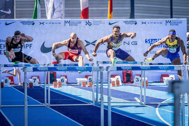 Multisport Event; Ratingen, 28.06.2026 | RATINGEN, GERMANY - JUNE 28, 2026 :  Dario Dester (ITA / Italy), Leo Neugebauer (GER / Germany) and Devon Williams (USA / United States) competing in the 110m hurdles during the Multisport Event at Stadion Ratingen on June 28, 2026 in Ratingen, Germany.