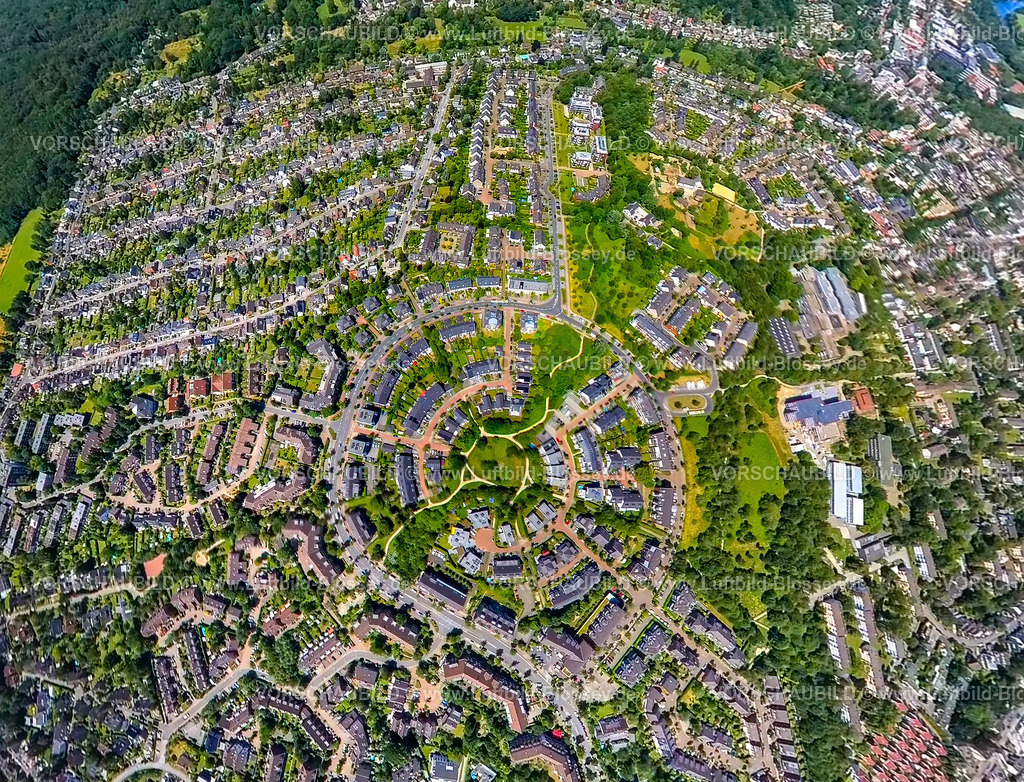 Muelheim230790107_Saarn | Luftbild, Kreisrunde Wohnsiedlung Saarner Kuppe, Erdkugel, Fisheye Aufnahme, Fischaugen Aufnahme, 360 Grad Aufnahme, tiny world, Saarn, Mülheim an der Ruhr, Ruhrgebiet, Nordrhein-Westfalen, Deutschland