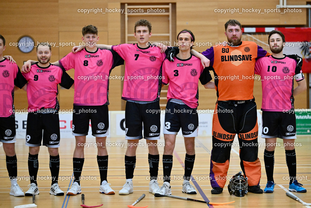 VSV Unihockey vs. Wiener Floorballferein 6.4.2024 | #9 Laurin Zehetner Wiener Floorballverein, #8 Maximilian Kuscher Wiener Floorballverein, #7 Peter Scheidl Wiener Floorballverein, #3 Jesse Laukkanen Wiener Floorballverein, #80 Bernhard Bezucha Wiener Floorballverein, #10 Philipp Horn Wiener Floorballverein, VSV Unihockey vs. Wiener Floorballferein 6.4.2024, VSV Unihockey vs. Wiener Floorballferein  am 06.04.2024 in Villach (Ballspielhalle St. Martin), Austria, (Photo by Bernd Stefan)