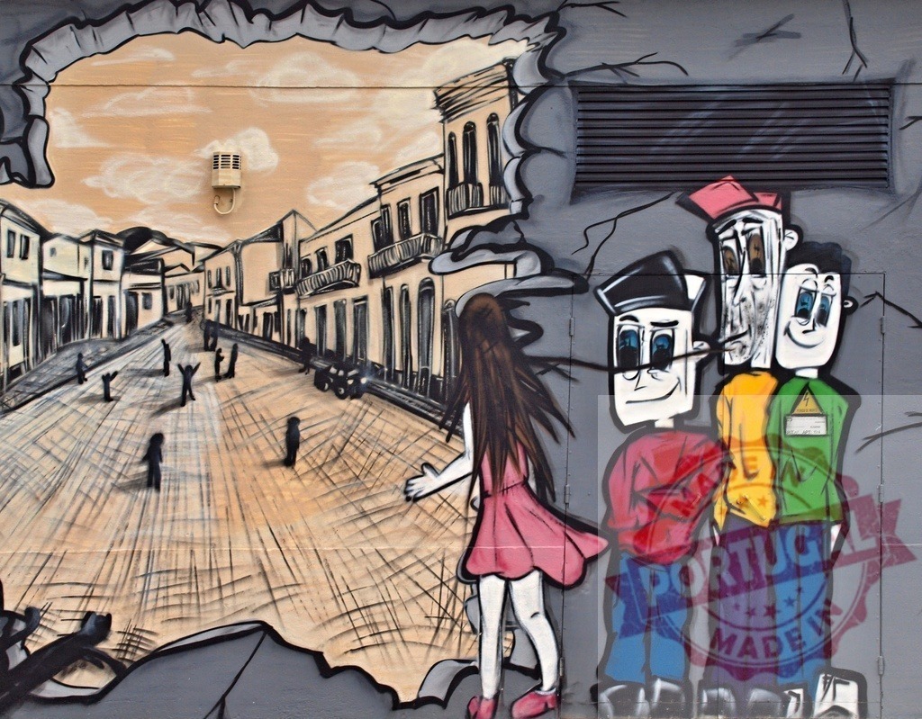 Street art graffiti mural showing city perspective and cartoon characters | Colorful street art mural depicting a city perspective with a girl and three cartoon characters - Realisiert mit Pictrs.com