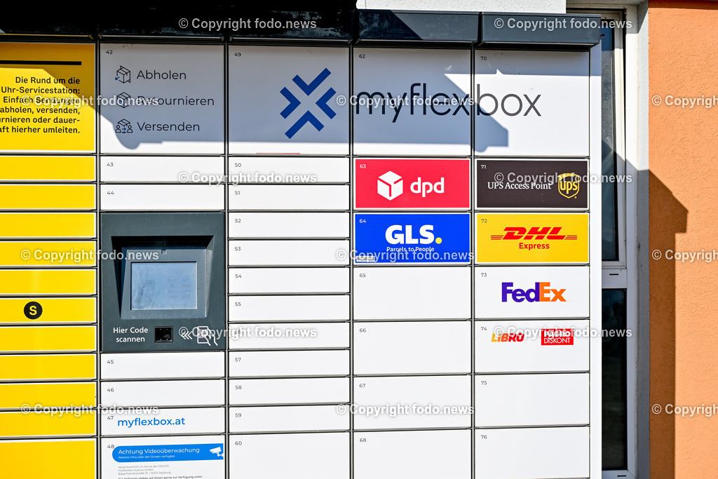 Packstation_ Post Zustelldienste_ 21.02.2025-7 | 21.02.2025, Oberoesterreich, AUT, Linz, im Bild Themenbild, Stadtansichten, Packstation, Post, Poststation, Zustelldienste, Marke, Abholstation, Selbstbedienung, Pakete, Zustellung, Abholung, Packstation, Myfilebox, DPD, UPS, GLS, DHL, FedEx, Schild, Logo, Werbung