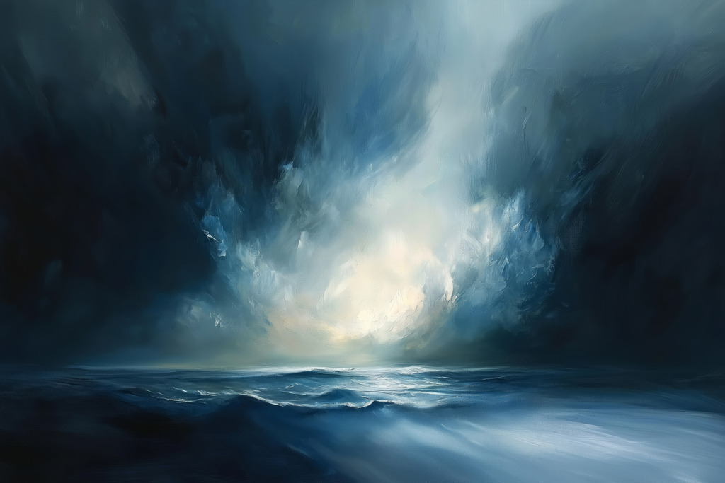 2502048 - Dramatisches Licht auf dem Meer | Modernes Wandbild im Stil eines Gemäldes. Bestellen Sie dieses Motiv als hochwertigen Kunstdruck auf Leinwand, hinter Acrylglas, auf Alu-Dibond oder auch als Poster. 