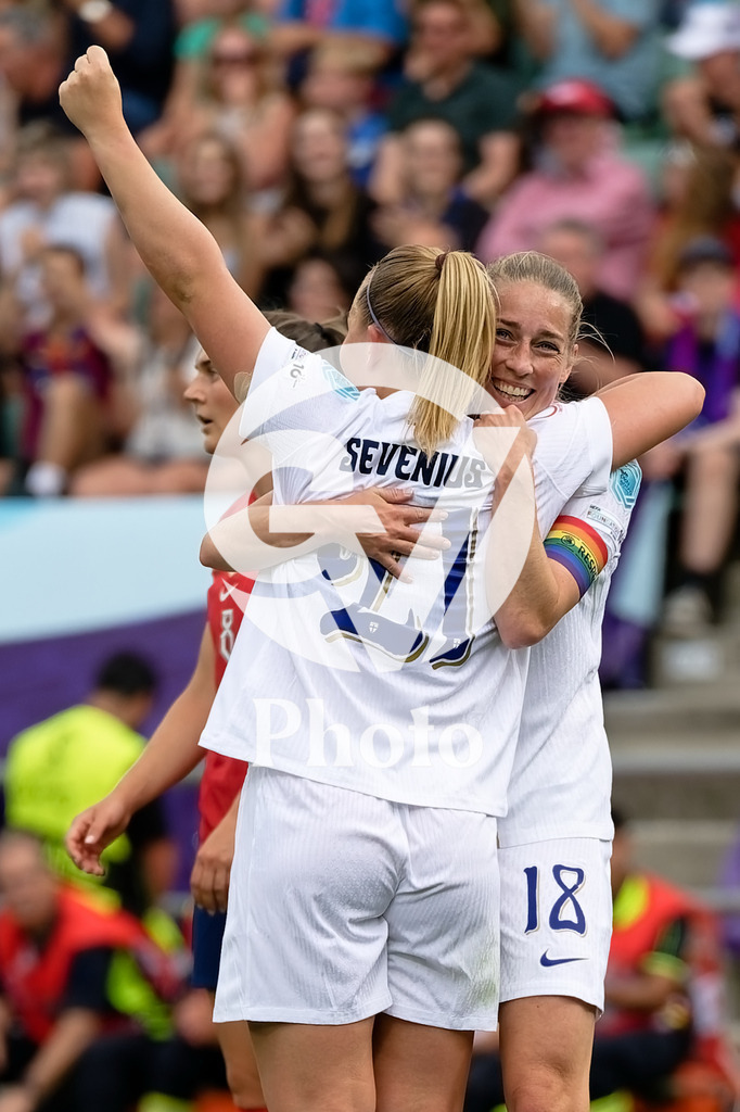 Norway v Finland - UEFA Women's EURO 2025 Group A | SION, SWITZERLAND - JULY 6: Oona Sevenius of Finland  (L) celebrates after scoring her team's first goal with Linda Sallstrom of Finland  (R) during the UEFA Womens EURO 2025 Group A match between Norway and Finland at Stade de Tourbillon on July 6, 2025 in Sion, Switzerland. (Photo by Giuseppe Velletri/Sports Press Photo/Getty Images)