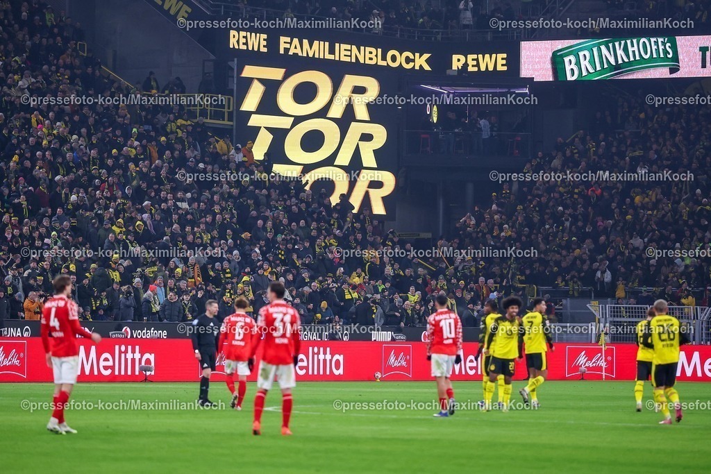 BVB13022601080 | 13.02.2026, Fußball, Borussia Dortmund - 1.FSV Mainz 05,, 1. Fußball Bundesliga, 22. Spieltag, Signal Iduna Park, Saison 2025 2026: Torjubel nach dem Eigentor zum 4:0 für den BVB durch Dominik Kohr&nbsp;(1.FSV Mainz05 #31)   DFB regulations prohibit any use of photographs as image sequences and or quasi-video.