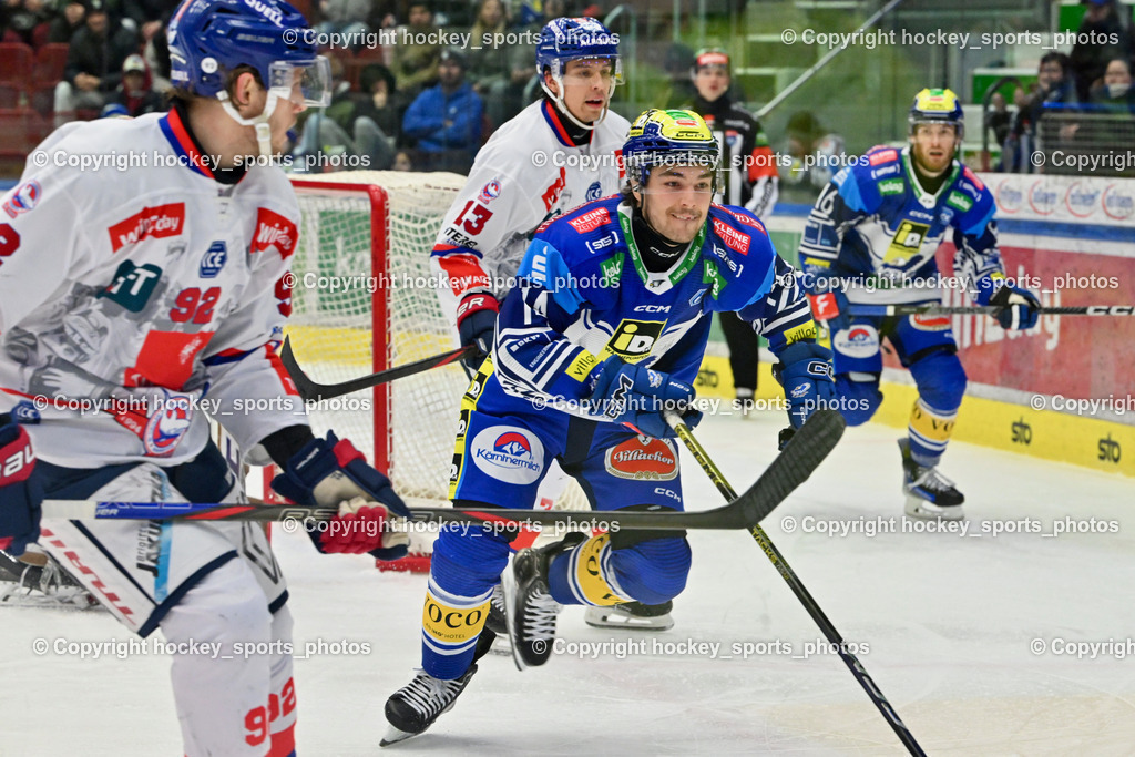 EC IDM Wärmepumpen VSV vs. HC Tiwag Innsbruck-Die Haie | #92 Rassell Mark HC Innsbruck, #14 TSCHURNIG Johannes EC VSV, #13 Steffler Devin HC Innsbruck, EC IDM Wärmepumpen VSV vs. HC Tiwag Innsbruck-Die Haie, EC IDM Wärmepumpen VSV vs. HC Tiwag Innsbruck Die Haie am 13.12.2024 in Villach (Stadthalle Villach), Austria, (Photo by Bernd Stefan)