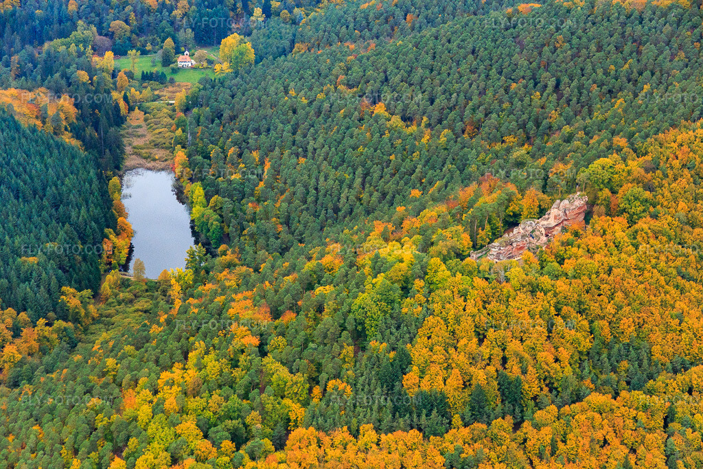 Aerial view: Pond below the Château de Schœneck in Dambach in the state Bas-Rhin, France.Photo: IMG_084647.jpg taken on 10/23/2015 by Werner Riehm/FLY-FOTO.comResolution of the original: 5472 x 3648 pxChâteau du Schœneck