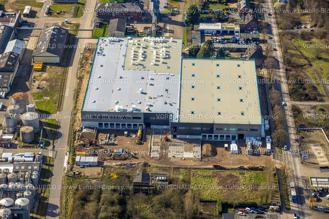 Emmerich240313056 | Luftbild, Baustelle mit Neubau Hallenkomplex Immobilienunternehmen Hillwood an der Reeser Straße am Hafen, Emmerich am Rhein, Nordrhein-Westfalen, Deutschland
