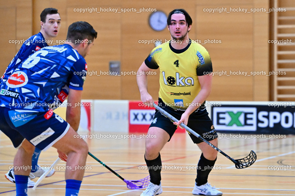VSV Unihockey  vs. FBK Loka  | #6 Timo Schmid VSV Unihockey, #4 Maj Oman FBK Loka, VSV Unihockey  vs. FBK Loka , VSV Unihockey  vs. FBK Loka  am 25.01.2026 in Villach (Ballspielhalle St. Martin), Austria, (Photo by Bernd Stefan)