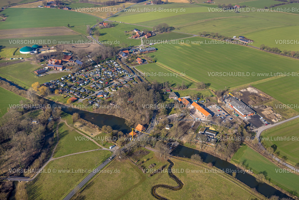 Olfen230206507 | Luftbild, Baustelle Straßenarbeiten an Brücke Kökelsumer Straße mit FuÃƒÆ’Ã…â€™Ãƒâ€¹Ã¢â‚¬Â chtelner MuÃƒÆ’Ã…â€™Ãƒâ€¹Ã¢â‚¬Â hle, Fluss Stever, Olfen-Kirchspiel, Olfen, Münsterland, Nordrhein-Westfalen, Deutschland