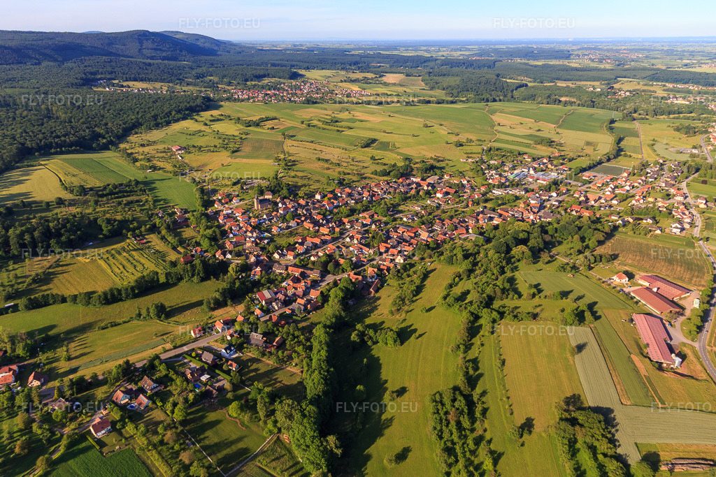 Vue aérienne: Vue de la ville depuis l'ouest à Preuschdorf dans le département Bas Rhin, France – .Photo: IMG_100796.jpg prise le 08/06/2017 par Werner Riehm/FLY-FOTO.eu – Résolution de l'original: 5472 x 3648 px
