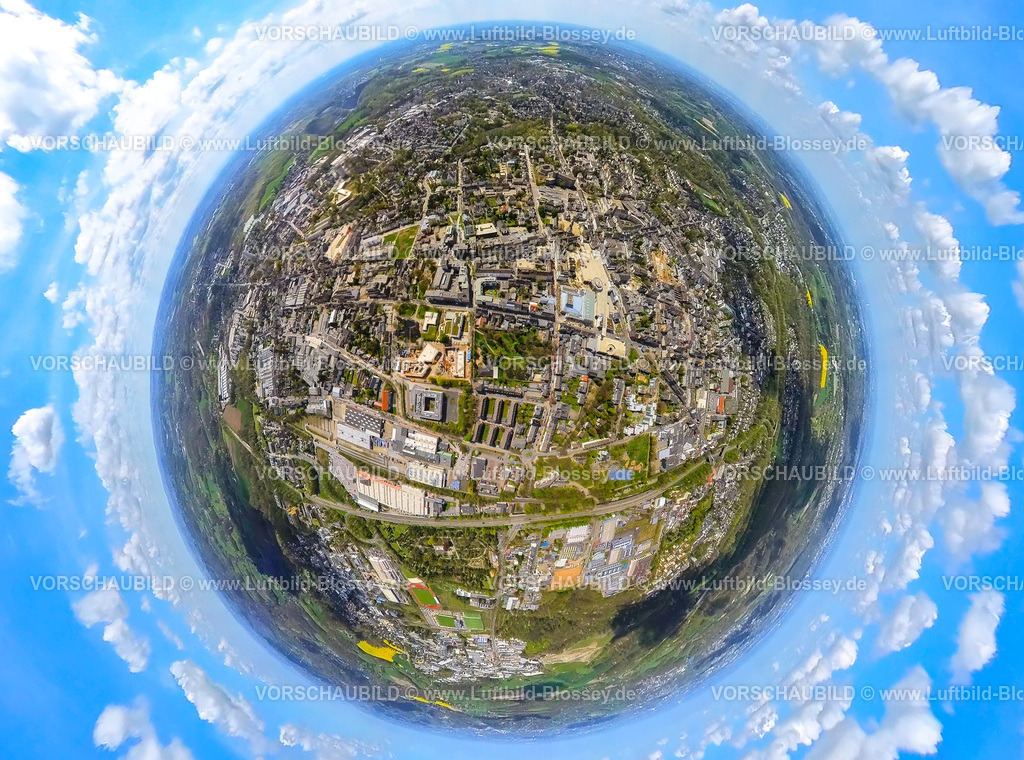 Velbert230490851Mitte | Luftbild, Velbert-Mitte, Friedrich-Ebert-Straße, StadtGalerie, Forum Niederberg, Erdkugel, Fisheye Aufnahme, Fischaugen Aufnahme, 360 Grad Aufnahme, , Velbert, Ruhrgebiet, Nordrhein-Westfalen, Deutschland