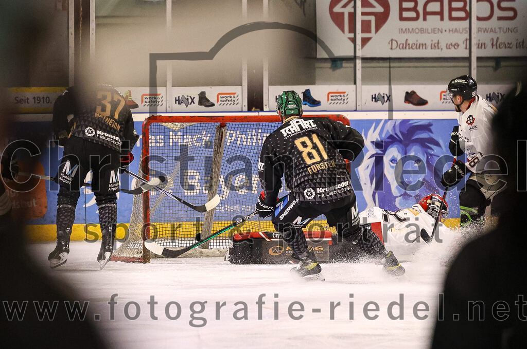 2024-03-08_028_TSV_Erding_gegen_EHC_Koenigsbrunn | Erding, Deutschland, 08.03.2024:
Eishockey, Bayernliga Playoffs 2023 / 2024, 1. Spieltag, TSV Erding gegen EHC Königsbrunn, Endergebnis: 3:0

Thomas Matheson (Erding Gladiators, #37), Maximilian Forster (Erding Gladiators, #81), Torwart Stefan Vajs (EHC Königsbrunn, #32)

Foto: Christian Riedel / fotografie-riedel.net