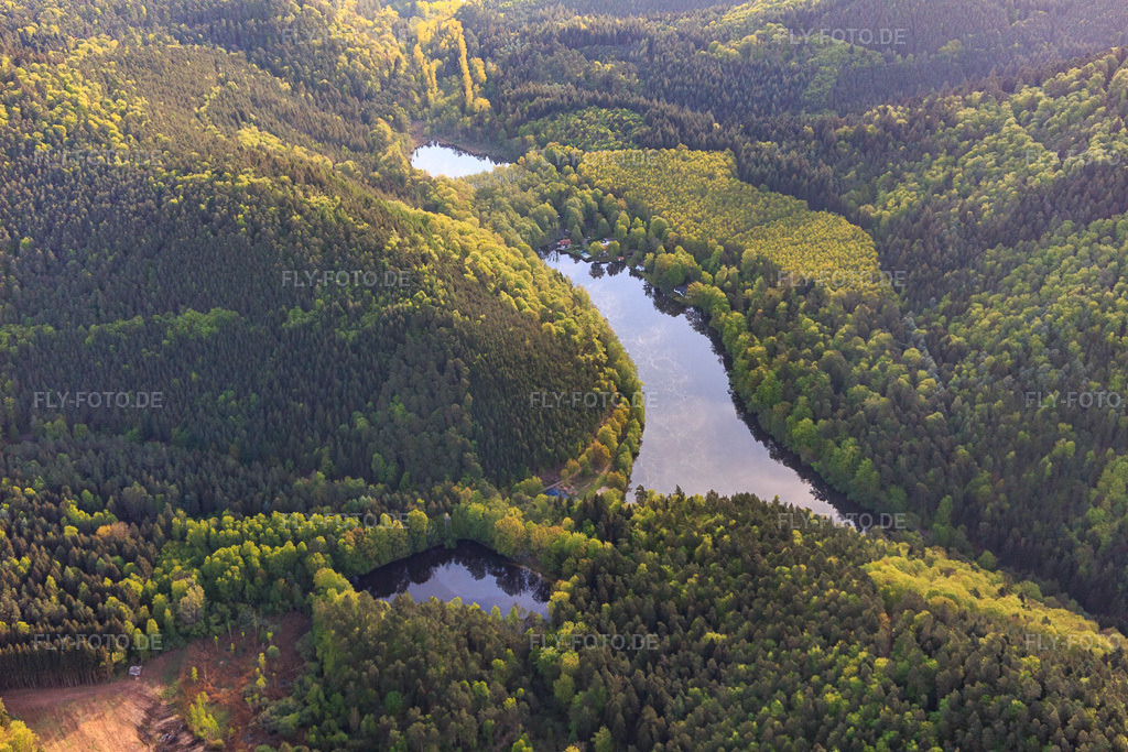 Luftbild: Seehof-Weiher / Portzbach mit Kiosk in Erlenbach bei Dahn im Bundesland Rheinland-Pfalz in Deutschland. Foto: IMG_107027.jpg vom 27.04.2018 durch Werner Riehm/FLY-FOTO.deWWW.KIOSK-AM-SEEHOF.DE