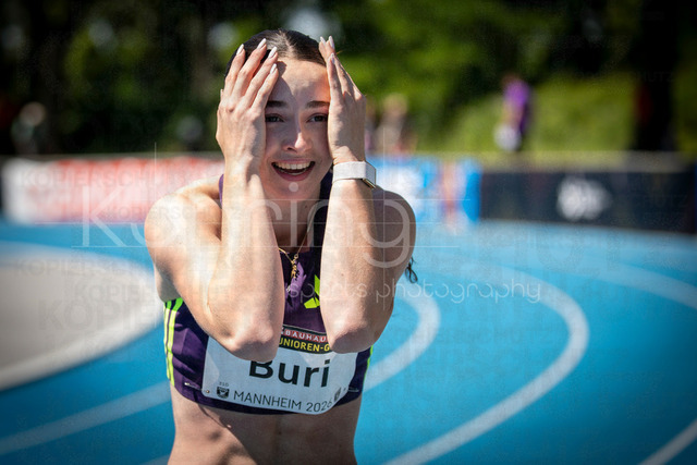 Juniorengala 2026; Mannheim, 13.06.2026 | MANNHEIM, GERMANY - JUNE 13, 2026 : Xenia Buri (SUI/Switzerland) reacts after crossing the finish line of the women’s U20 100m  competing during the Juniorengala 2026 at Michael-Hoffmann-Stadion on June 13, 2026 in Mannheim, Germany.