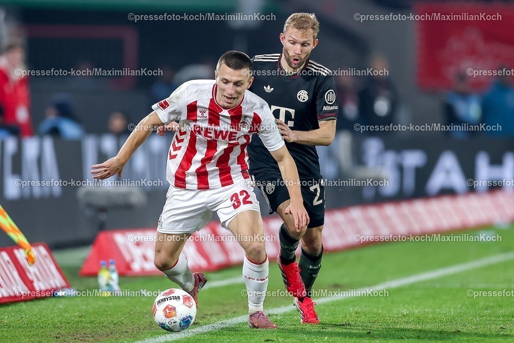 1FC14012601043 | 14.01.2026, Fußball, 1. FC Köln - FC Bayern München, 1. Fußball Bundesliga, 17. Spieltag, RheinEnergie-STADION, Saison 2025 2026: Kristoffer Lund (1FC Koeln #32) im Zweikampf gegen  Konrad Laimer (FC Bayern Muenchen #27)  DFB regulations prohibit any use of photographs as image sequences and or quasi-video.