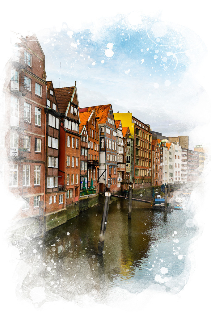 10240145 - Nikolaifleet | Blick auf das Nikolaifleet mit den Häusern der Deichstraße im Stil eines Aquarell-Gemäldes.