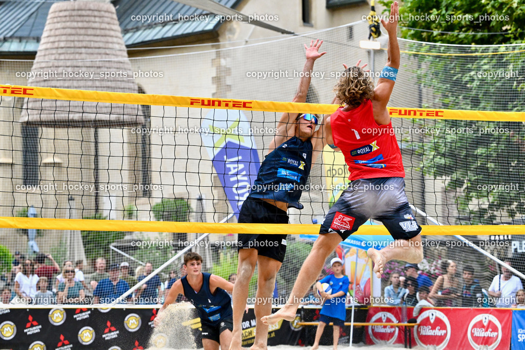 Kärntner Landesmeisterschaft Beach Volleyball | #2 SPONER Philipp, #1 FRIEDL Felix, Kärntner Landesmeisterschaft Beach Volleyball, Kärntner Landesmeisterschaft Beach Volleyball am 18.08.2024 in Villach (Rathausplatz Villach), Austria, (Photo by Bernd Stefan)
