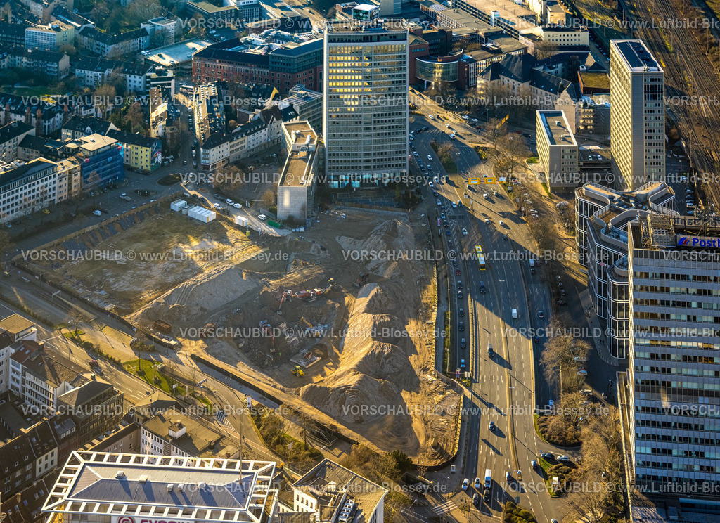 Essen230201627 | Luftbild, Campus Essen, Baustelle Abriss Ypsilon-Haus der RWE Zentrale Essen in der Huyssenallee, geplanter Neubau für Bürocampus, Südviertel, Essen, Ruhrgebiet, Nordrhein-Westfalen, Deutschland