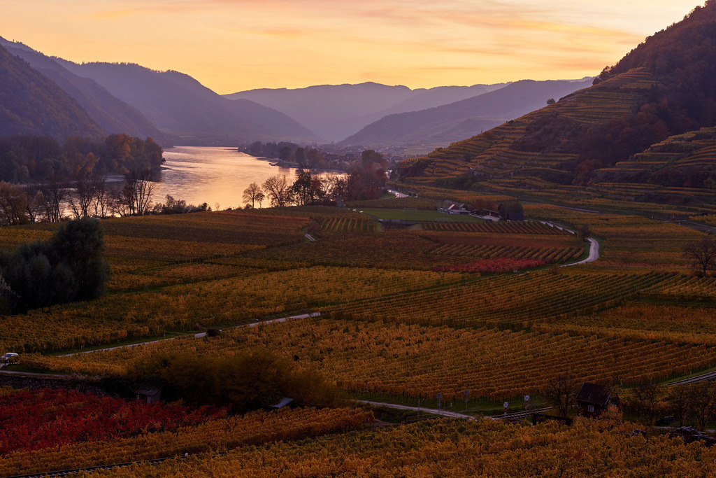 Blick auf die Donau im Sonnentergang | Weissenkirchen, Austria - November 01, 2016: Blick auf die Donau im Sonnentergang. - Realisiert mit Pictrs.com