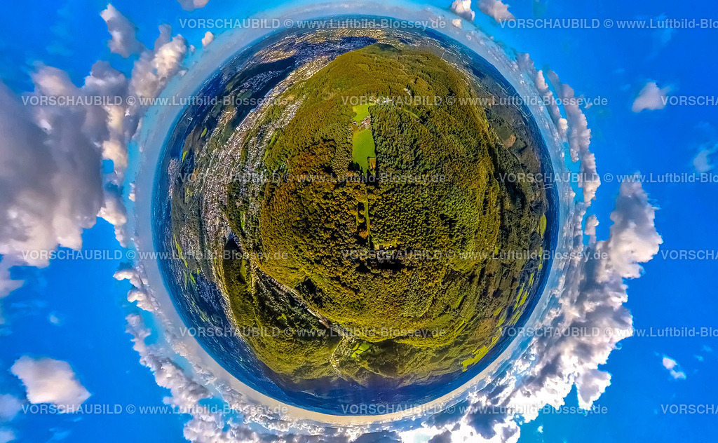 Hagen241090055DreiTuermeWeg | Luftbild, Drei TürmeWeg, bestehend aus Bismarckturm, Eugen-Richter-Turm und Kaiser-Friedrich-Turm, Waldgebiet, Erdkugel, Fisheye Aufnahme, Fischaugen Aufnahme, 360 Grad Aufnahme, tiny world, little planet, fisheye Bild, Haspe, Hagen, Ruhrgebiet, Nordrhein-Westfalen, Deutschland