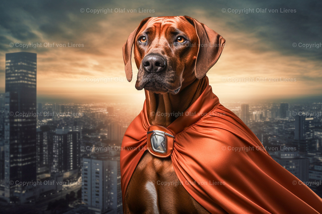 Rhodesian Ridgeback als Superheld | brauner Hund mit Umhang als Supermann
