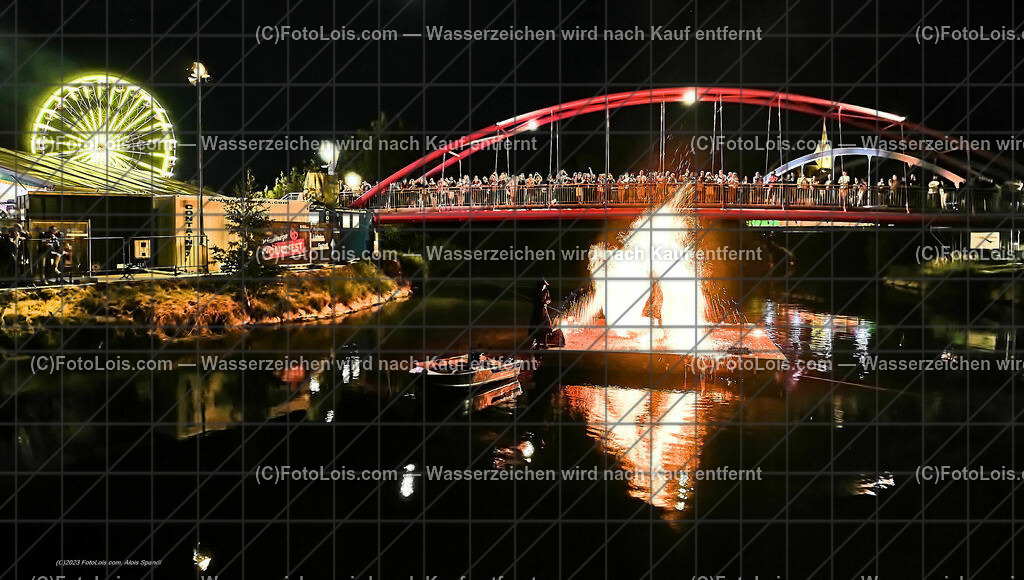 0620_Luftbild_VOLKSFEST-Wlbg | (C)FotoLois.com, Alois Spandl, Luftbild, Wieselburger VOLKSFEST neu, Feuershow auf der Erlaufinsel unter den Brücken, Do 29. Juni 2023.
