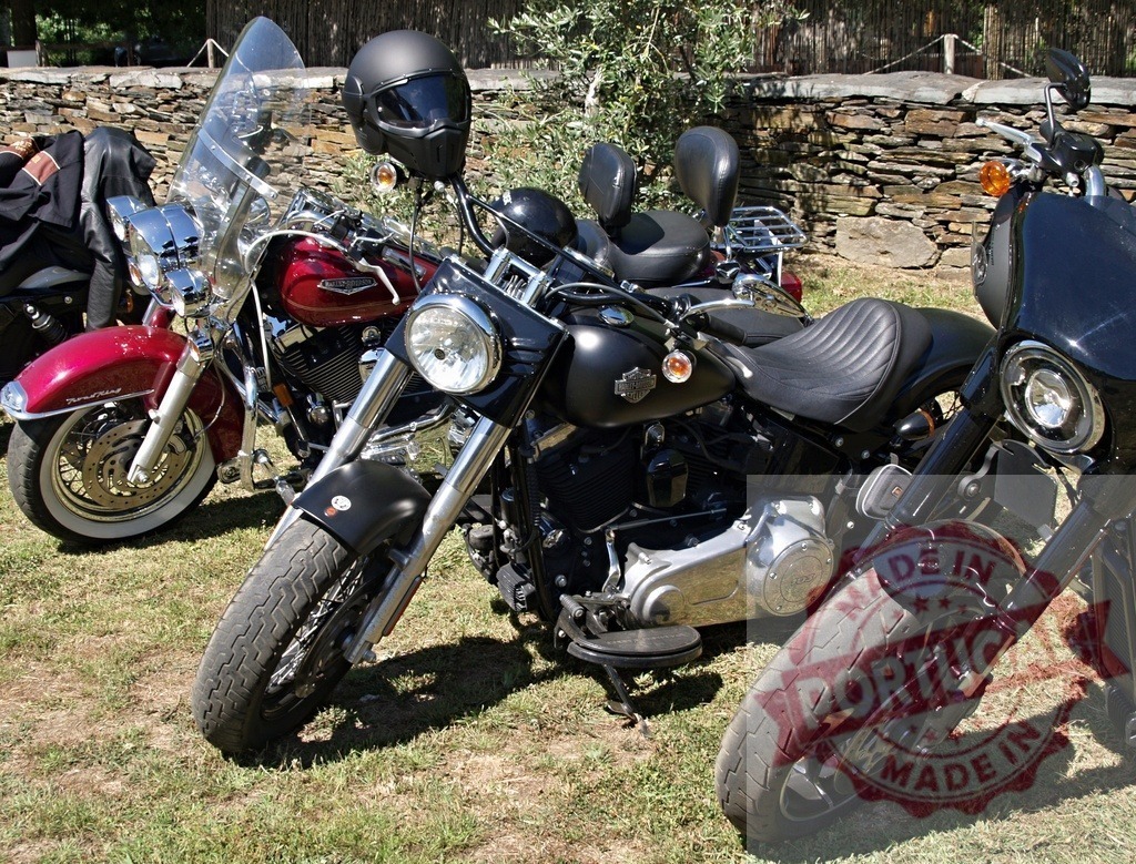 Harley-davidson motorcycles parked on grass near stone wall | Shiny harley-davidson motorcycles with black leather seats parked on grass near stone wall - Realisiert mit Pictrs.com