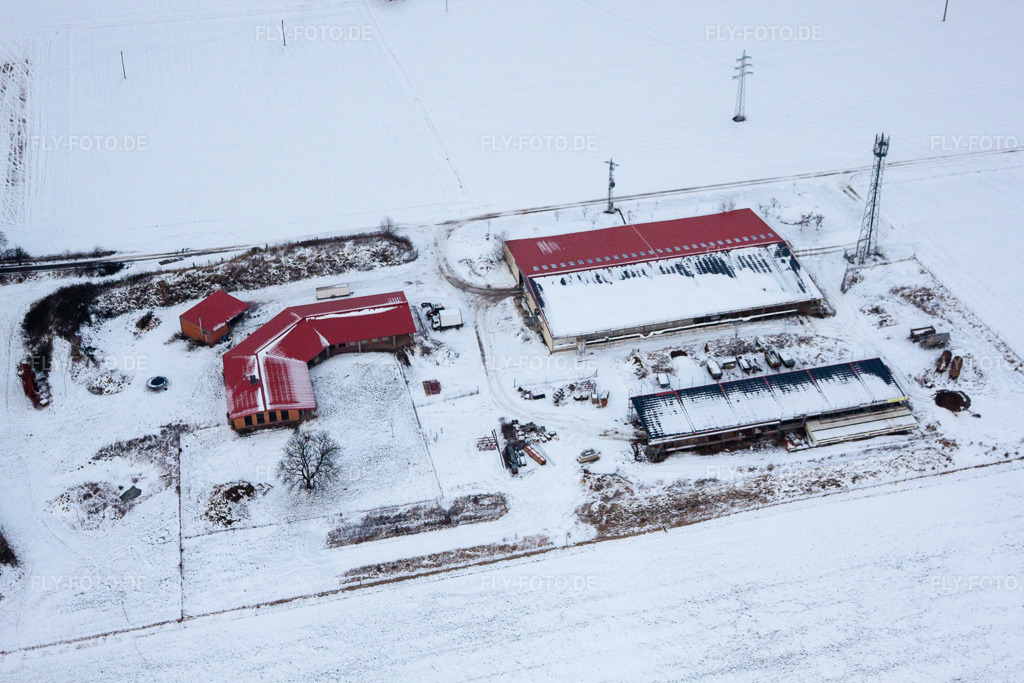 Luftbild: Hühnerhof Eierfarm im Winter bei Schnee in Erlenbach bei Kandel im Bundesland Rheinland-Pfalz in Deutschland. Foto: IMG_23828.jpg vom 16.01.2010 durch Werner Riehm/FLY-FOTO.de