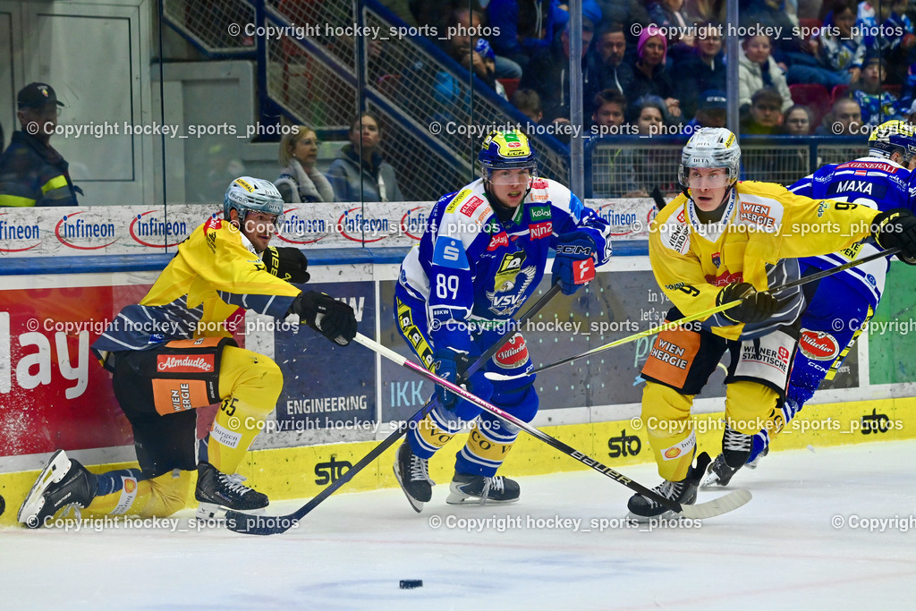 EC IDM WÄRMEPUMPEN VSV vs. Vienna Capitals | #55 Raphael Wolf Vienna Capitals, #89 Luca Erne EC VSV, #9 Leon Wallner Vienna Capitals, EC IDM WÄRMEPUMPEN VSV vs. Vienna Capitals, EC IDM WÄRMEPUMPEN VSV vs. Vienna Capitals am 16.11.2025 in Villach (Stadthalle Villach), Austria, (Photo by Bernd Stefan)