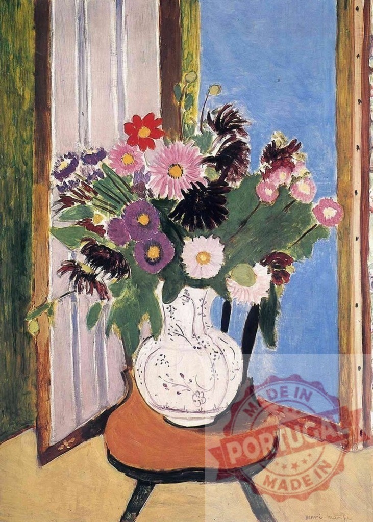 Colorful bouquet of flowers resting on a small wooden chair in front of a window | Painting by Henri Matisse depicting a colorful bouquet of flowers in a white vase resting on a small wooden chair in front of a window - Realized with Pictrs.com