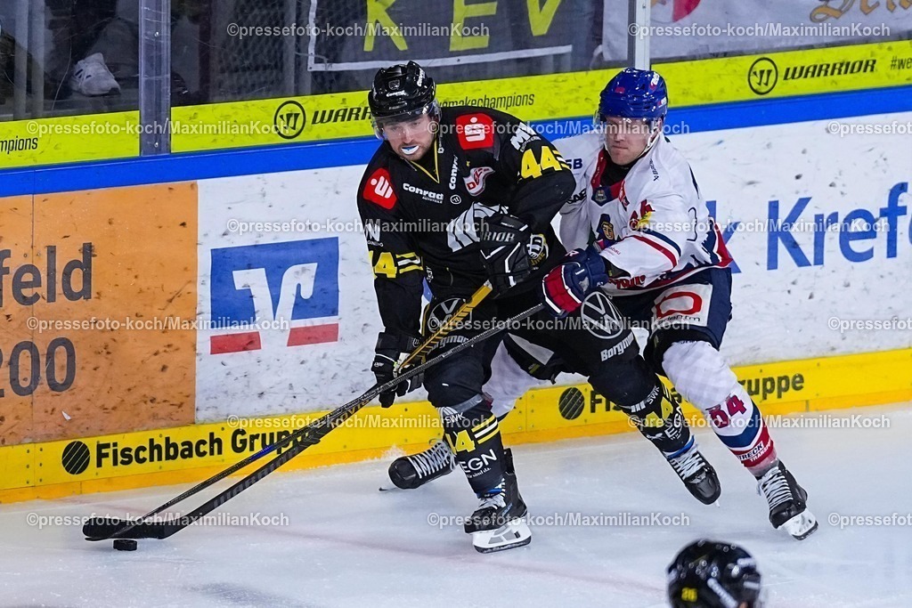 xYDRx16012601048 | 16.01.2026, xydrx, Eishockey, DEL2, Krefeld Pinguine - EHC Freiburg, Yayla-Arena Krefeld : Zack Dybowski (Krefeld Pinguine #44) im Zweikampf gegen Eero Elo (EHC Freiburg #84)Photo: xYannisxDreimannxPressefotoKochx