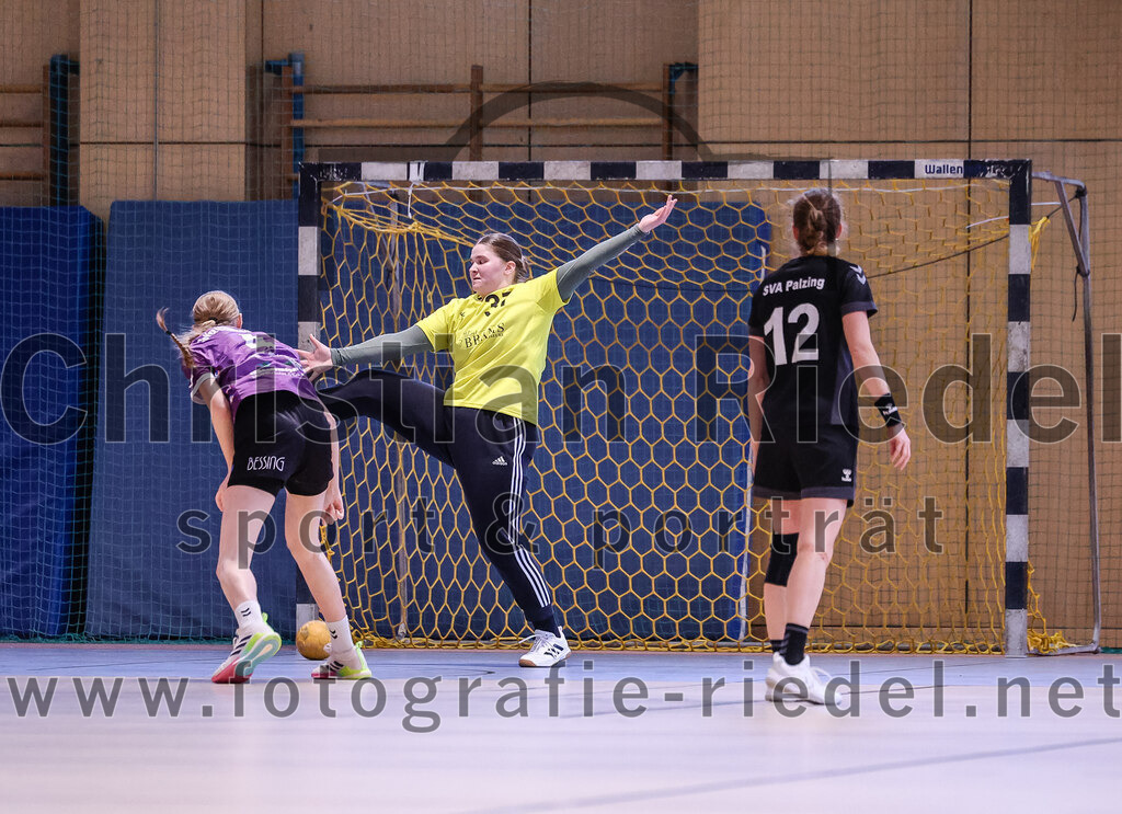 2024-12-14_086_SpVgg_Altenerding_gegen_SVA_Palzing | Erding, Deutschland, 14.12.2024:Handball, Bezirksoberliga Frauen Altbayern 2024 / 2024, 9. Spieltag, SpVgg Altenerding gegen SVA Palzing, Endergebnis: 20:30Greta Felbinger (SpVgg Altenerding, #4), Torfrau Julia Zierer (SVA Palzing, #37), Sandra Redl (SVA Palzing, #12)Foto: Christian Riedel / fotografie-riedel.net