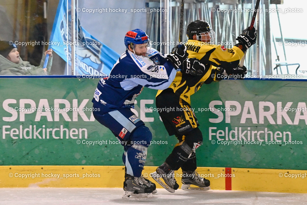 ESC Steindorf vs. EC Hornets Spittal 25.2.2024 | #57 Wilfan Franz ESC Steindorf, #98 Thalhammer Dominic EC Hornets Spittal, ESC Steindorf vs. EC Hornets Spittal 25.2.2024, ESC Steindorf vs. EC Hornets Spittal 25.2.2024 am 25.02.2024 in Steindorf (Ossiachersee Halle), Austria, (Photo by Bernd Stefan)