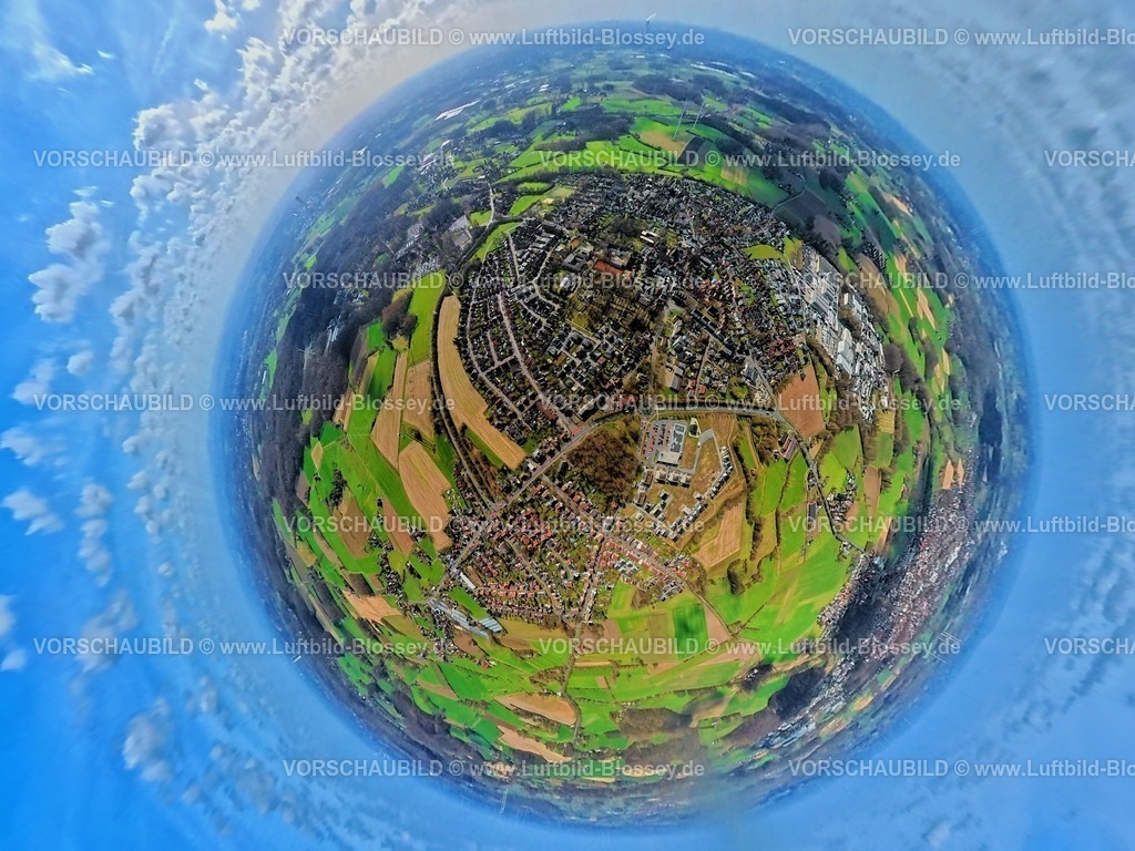 Selm260306866Bork_Insta360 | Luftbild, Ortsansicht Wohngebiet Selm, rechts das Gewerbegebiet Gutenbergstraße, unten Wohngeiet Am Alten Schützenplatz, Erdkugel, Fisheye Aufnahme, Fischaugen Aufnahme, 360 Grad Aufnahme, tiny world, little planet, fisheye Bild, Selm, Münsterland, NRW, Deutschland