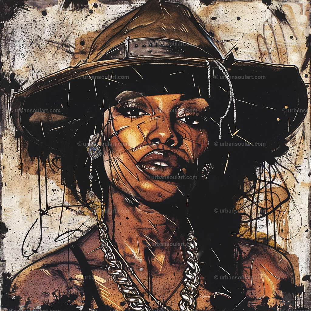 Black Woman With Cowboy Hat | This captivating artwork of a woman in a cowboy hat and bold accessories radiates strength and style. The textured, gritty aesthetic brings a modern, edgy touch to your walls, perfect for those who love unique statement pieces. - Realisiert mit Pictrs.com