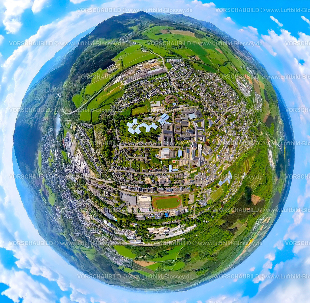 Olsberg240590427Mitte_ElisabethKlinikBigge | Luftbild, Elisabeth Klinik, Eduardus-Krankenhaus gGmbH, Wohngebiet und Fußballstadion Bigge am Bahnhof Bigge, Erdkugel, Fisheye Aufnahme, Fischaugen Aufnahme, 360 Grad Aufnahme, tiny world, little planet, fisheye Bild, Bigge, Olsberg, Sauerland, Nordrhein-Westfalen, Deutschland