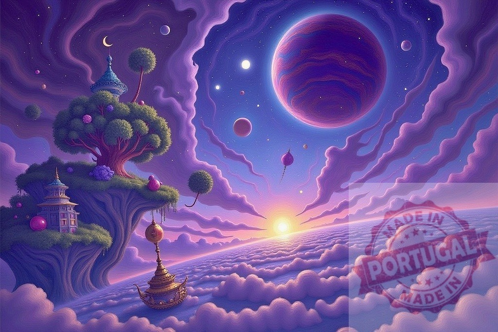 Fantasy floating island with a cosmic sunset on alien planet | Surreal landscape featuring a vibrant alien planet, floating islands, and a cosmic sky at sunset - Realisiert mit Pictrs.com
