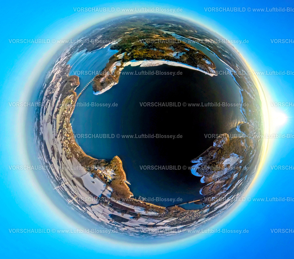 Moehnesee260106150-2 | Luftbild, Möhnesee Möhnetalsperre mit Staumauer, Winterlandschaft, Erdkugel, Fisheye Aufnahme, Fischaugen Aufnahme, 360 Grad Aufnahme, tiny world, little planet, fisheye Bild, Delecke, Möhnesee, Sauerland, Nordrhein-Westfalen, Deutschland