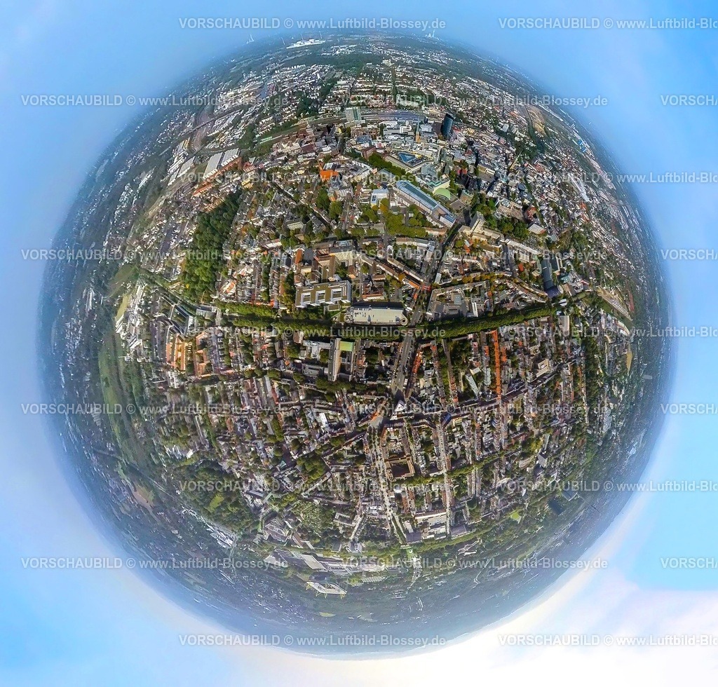 Dortmund231090052HoheStrasseZentrum | Luftbild, Ortsansicht City Dortmund mit Hohe Straße, Erdkugel, Fisheye Aufnahme, Fischaugen Aufnahme, 360 Grad Aufnahme, tiny world, City, Dortmund, Ruhrgebiet, Nordrhein-Westfalen, Deutschland