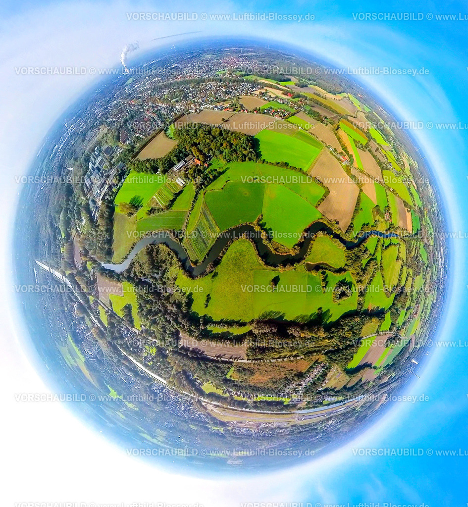 Luenen241190582NaturschutzgebietLippeaue | Luftbild, Fluss Lippemäander In den Kämpen Lippeaue, grüne Wiesen und Felder, Erdkugel, Fisheye Aufnahme, Fischaugen Aufnahme, 360 Grad Aufnahme, tiny world, little planet, fisheye Bild, Beckinghausen, Lünen, Ruhrgebiet, Nordrhein-Westfalen, Deutschland