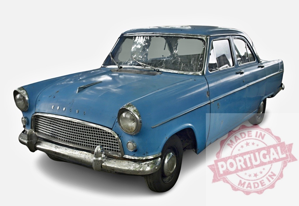 Light blue Ford Consul showing signs of aging parked on a white background | Classic light blue Ford Consul with visible signs of wear and tear, parked against a white backdrop, showcasing its vintage charm - Realized with Pictrs.com