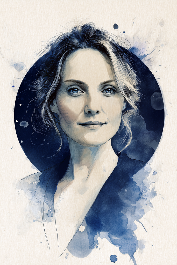 Poster: HER ECHO – The Horizon | Geheimnisvolles Frauenportrait im Aquarellstil mit dunkelblauem Kreis im Hintergrund aus der Poster-Kollektion HER ECHO. - Realisiert mit Pictrs.com