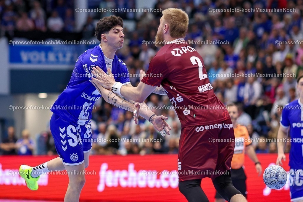 Gum25042501043 | 25.04.2025, Handball, HBL, VfL Gummersbach - 1. VfL Potsdam, Schwalbe-Arena: Giorgi Tskhovrebadze (GUM #19) gegen Emil Hansson (VfL Potsdam #02) 
