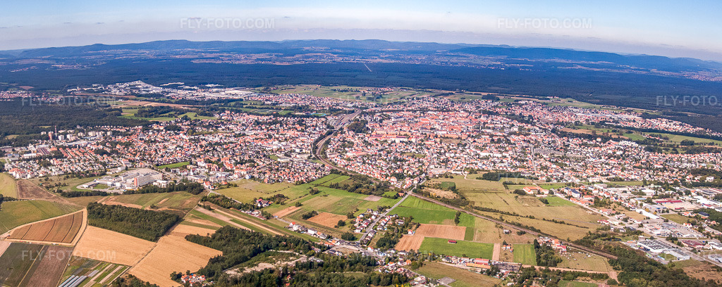Aerial view: City panorama from the south in the district Bildstoeckel Ouest in Hagenau in the state Bas-Rhin, France. – Photo: IMG_53536-Bearbeitet.jpg taken on 09/30/2012 by Werner Riehm/FLY-FOTO.com – Resolution of the original: 7339 x 2922 px