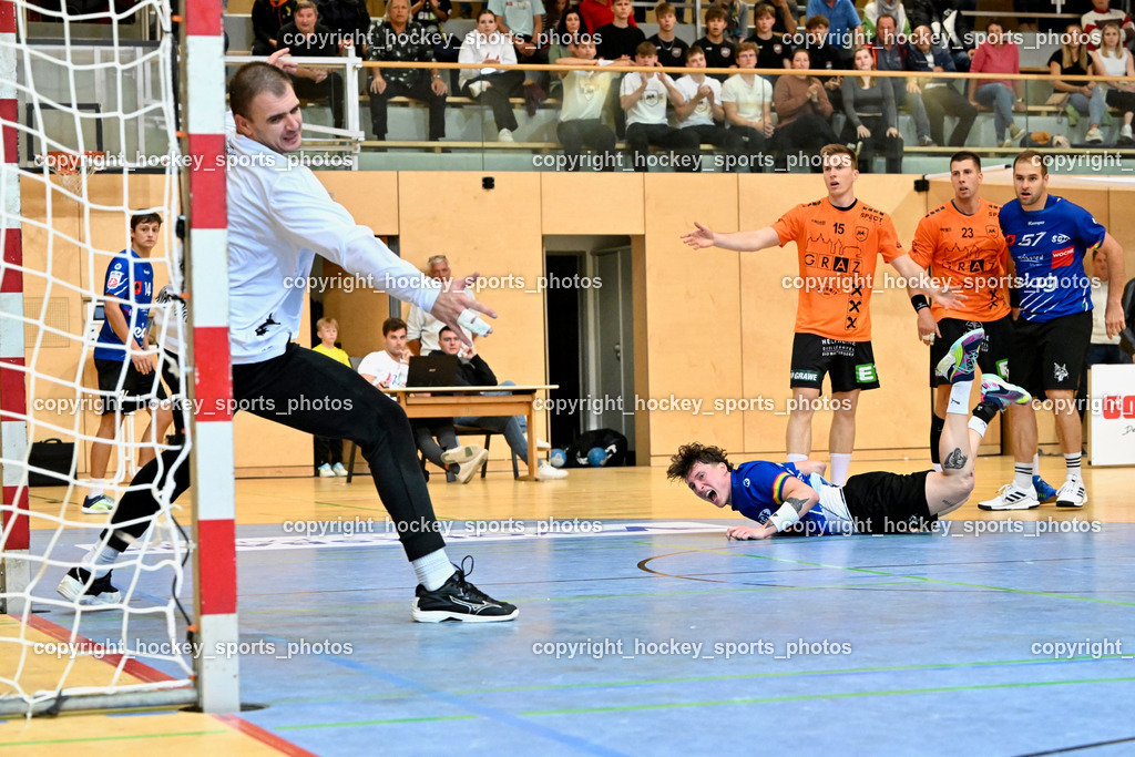 SC Ferlach vs. HSG Holding Graz 23.9.2023 | #16 BUDOVIC Jovo Holding Graz, #17 PAVLOV Hari SC Ferlach, #15 OFFNER Paul Holding Graz, #23 BELOS Nemanja Holding Graz, #57 LEBAN Patrik SC Ferlach, SC Ferlach vs. HSG Holding Graz 23.9.2023, SC Ferlach vs. HSG Holding Graz am 23.09.2023 in Bleiburg (Ballspielhalle Ferlach), Austria, (Photo by Bernd Stefan)