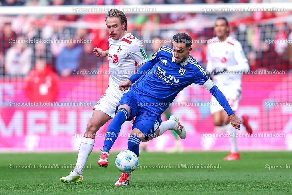 1FC09022501022 | 09.02.2025, Fußball, 1. FC Köln - FC Schalke 04, 2.. Fußball Bundesliga, 21. Spieltag, RheinEnergie-STADION, Saison 2024 2025: Mathias Olesen (FC Köln #47) im Zweikampf gegen Kenan Karaman (S04 #19)DFB regulations prohibit any use of photographs as image sequences and or quasi-video.